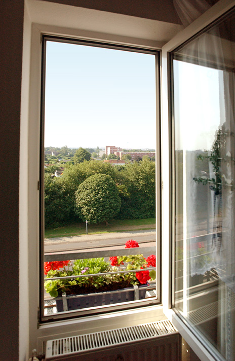 Blick aus dem Fenster auf die gegenüberliegende Gartenanlage